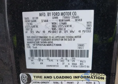 2009 Ford F-150 Fx4/King Ranch/Lariat/Platinum/Xl/Xlt from USA, damaged, VIN 1FTPW14V49KC73906